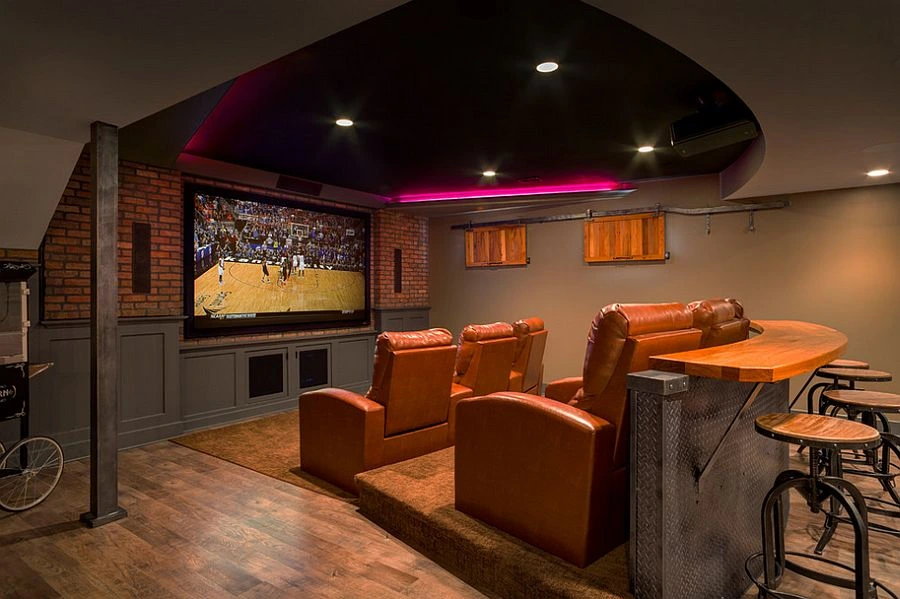 Custom Designed Bar Adds To The Appeal Of The Basement Home Theater 450428819