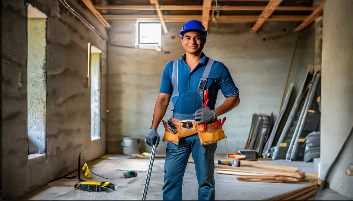 A Photograph Of A Homeowner In Work Attire Holding Construction Tools While Standing In An Unfinished Basement With Exposed Studs And Concrete Floor The Homeowner Is Installing Insulation