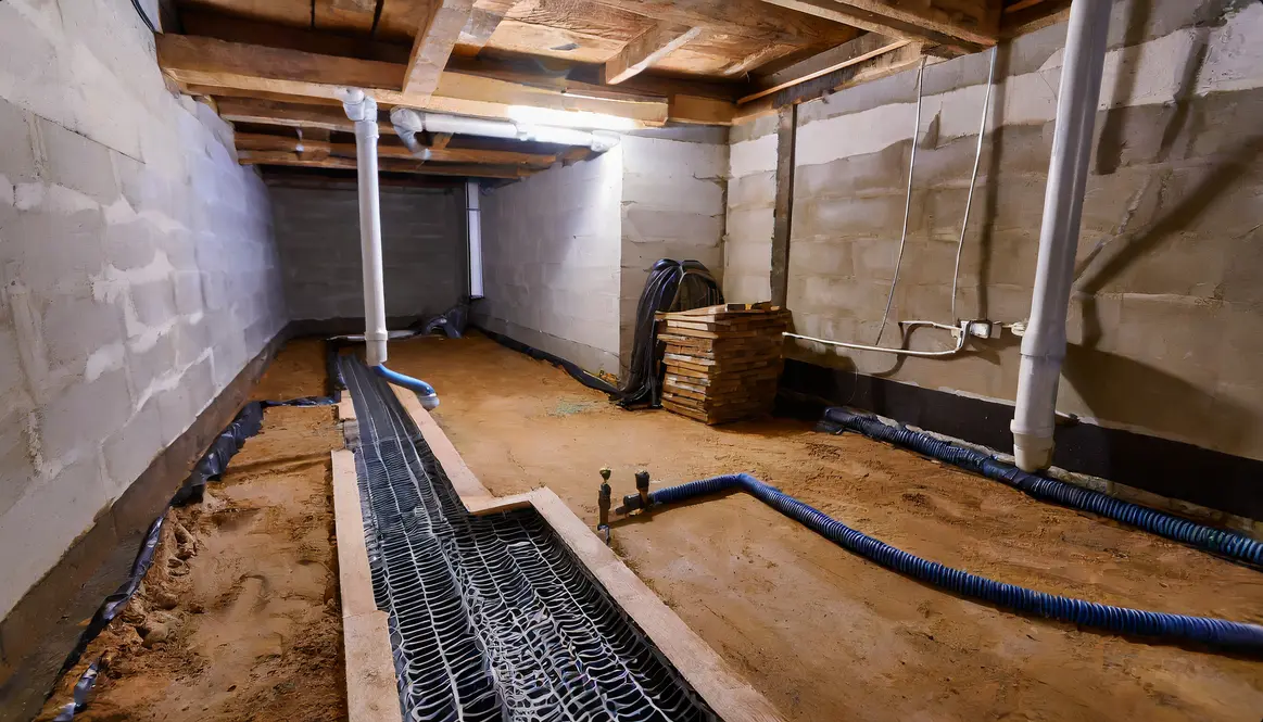 Basement Interior Drainage System An Image Of A Basement With An Installed Drainage System Beneath The Floor Effectively Diverting Water From The Foundation