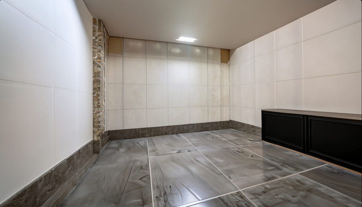 Contemporary Large Format Ceramic Tile Basement Floor Modern And Spacious This Basement Boasts Large Format Ceramic Tiles For A Clean And Contemporary Look