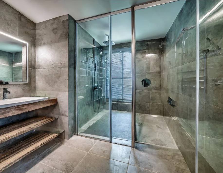 Basement Modern Bathroom L Shaped Glass Shower Room