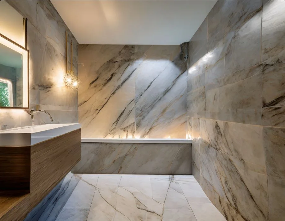 Basement Modern Bathroom Feature Wall Lights Natural Light On The Marble Floor
